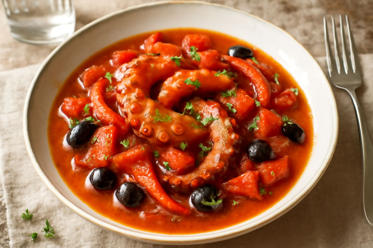 Polpo alla lucana servito in un piatto bianco, polpo rosato e tenero circonato da pomodori rossi e pezzi di peperoni rossi, olive nere sparse, prezzemolo fresco verde sopra, fondo di sugo rosso pomodo