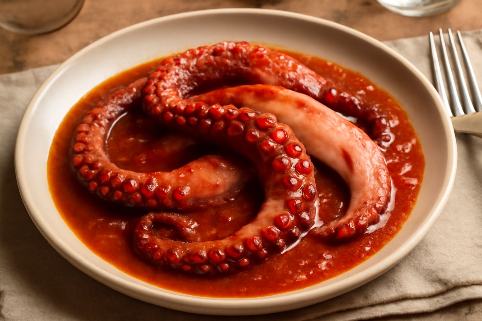 Polpo cotto intero in umido con salsa rosso scura a base di pomodoro, disteso nel suo brodo su un piatto bianco con prezzemolo fresco, contorno di pane toscano non salato