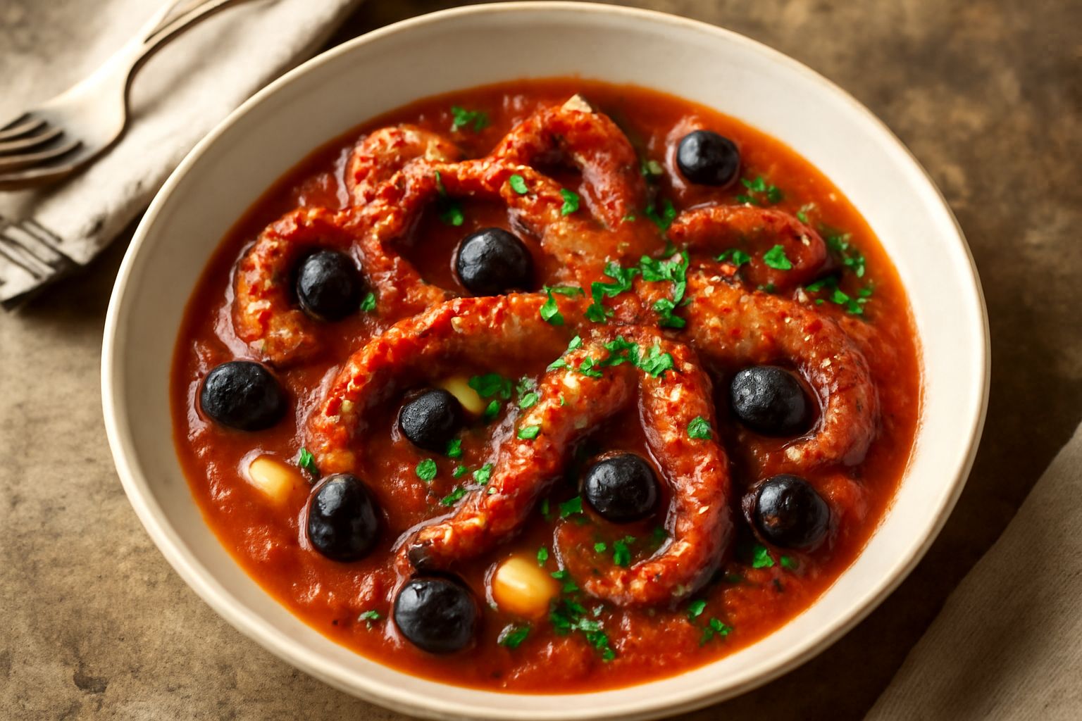 Polpo tenero in umido con tentacoli rossi nel sugo di pomodoro denso, olive nere intere, aglio bianco e prezzemolo verde fresco, servito in piatto fondo bianco con pane tostato a lato