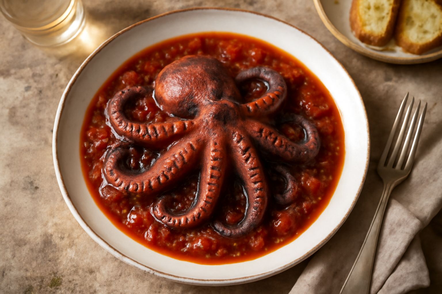 Polpo intero e rosa in un pentolone di terracotta con pomodori rossi, spicchi d aglio e acqua fumante, circondato da erbe aromatiche