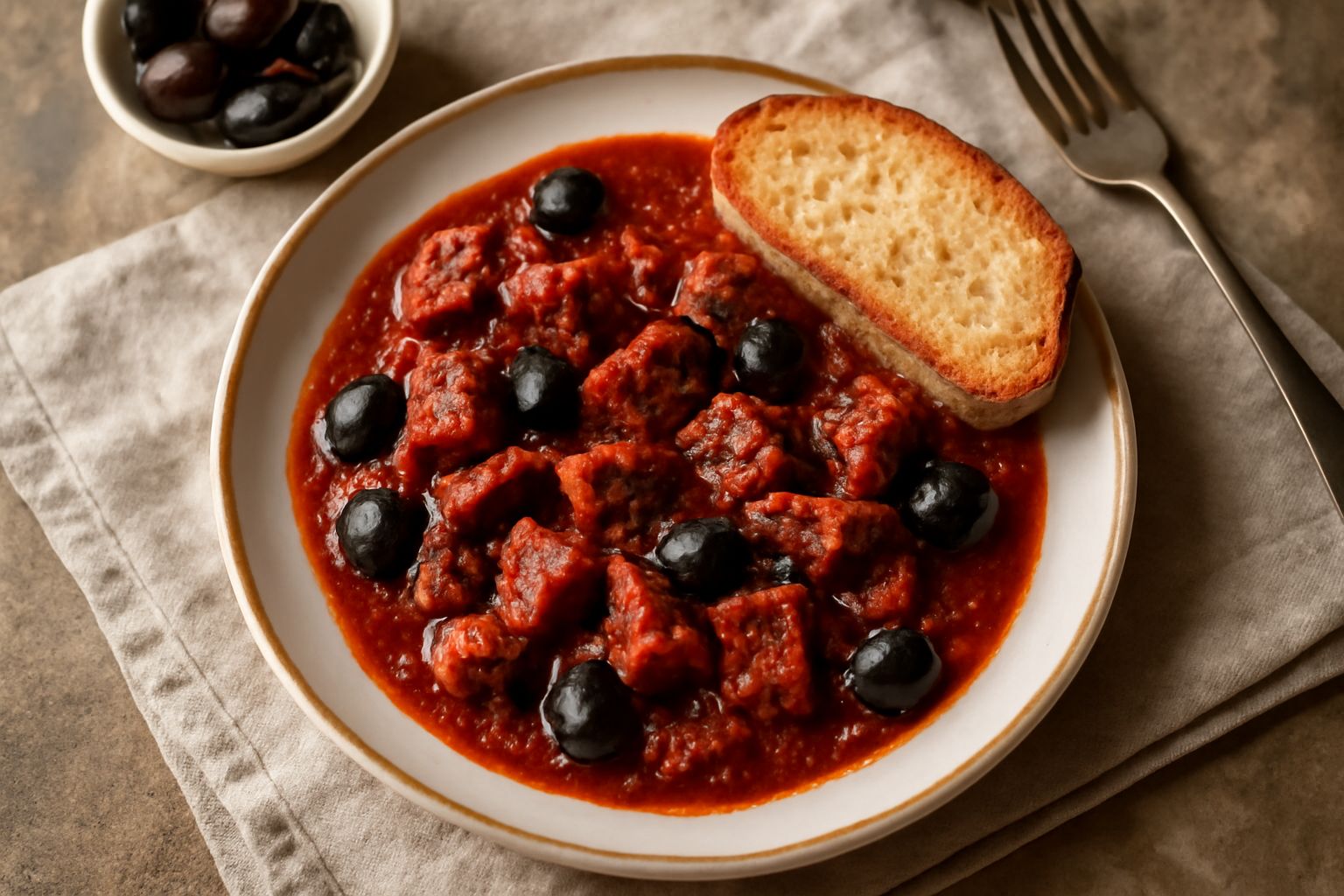 Polpo cotto in umido su piatto bianco, ricoperto di sugo rosso con olive nere e origano fresco, contorno di pane tostato sul lato