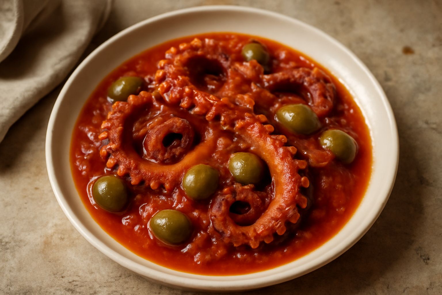 Polpo in umido color marrone rossiccio con olive verdi e pomodori, servito in piatto di ceramica bianca, bordo di prezzemolo fresco, pane abbrustolito accanto
