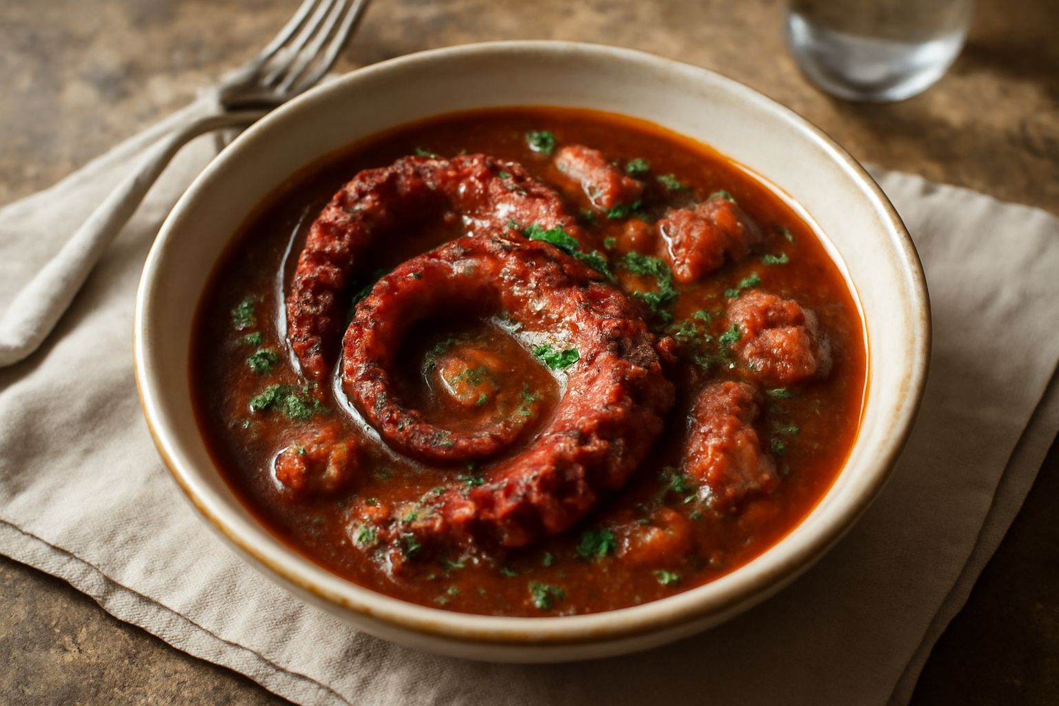 Polpo rosato e morbido in umido dentro una pentola di terracotta, circondato da pomodori, aglio e prezzemolo verde, con brodo scuro e denso