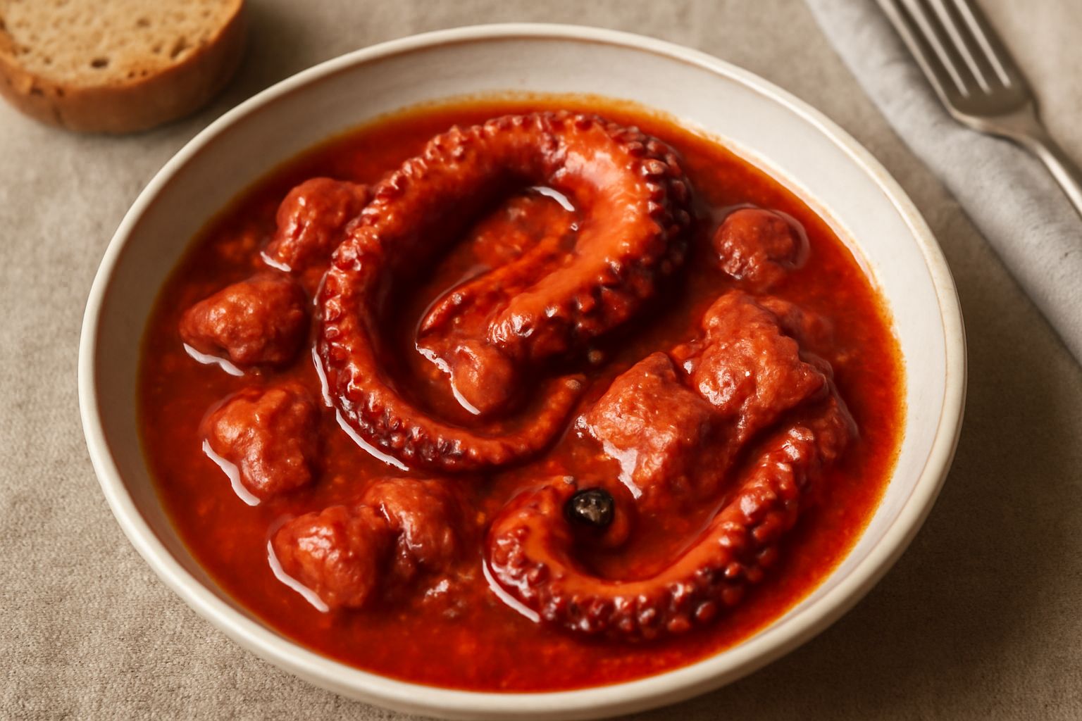 Polpo rosso scuro e tenero servito in una ciotola di terracotta con salsa di pomodoro e aglio, condito con olio di oliva e prezzemolo, contorno di pane tostato