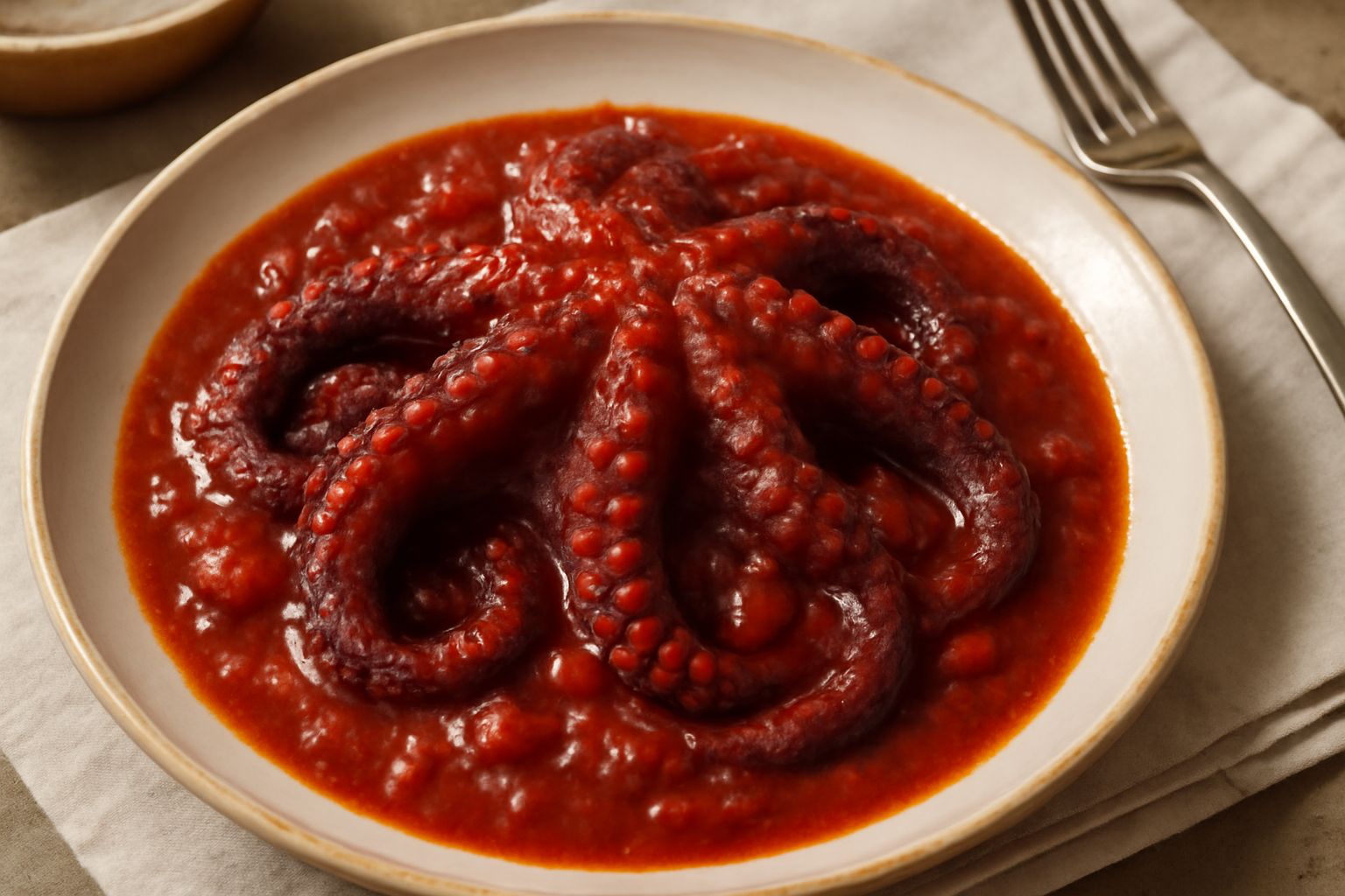 Polpo cucinato in umido con salsa di pomodori, aglio e prezzemolo nel piatto bianco, con tentacoli morbidi e rossi, contornato da prezzemolo fresco verde