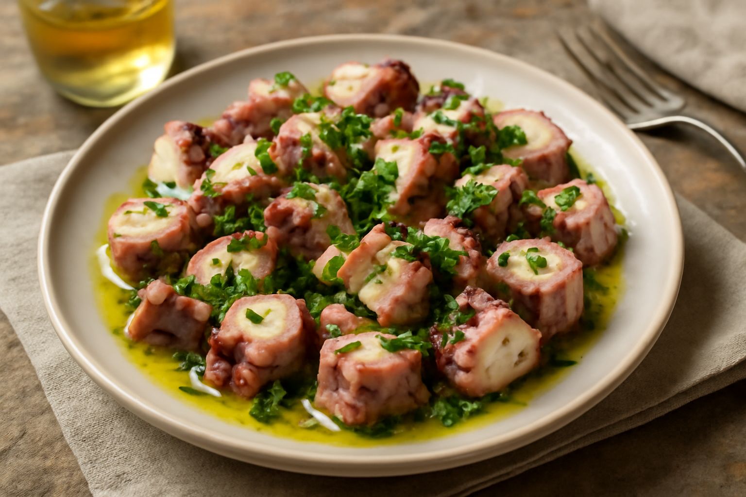 Polpo bollito tagliato a pezzi su un piatto bianco, bagnato da olio dorato e aceto, con aglio e prezzemolo verde sparsi in superficie, contorno di limone fresco tagliato