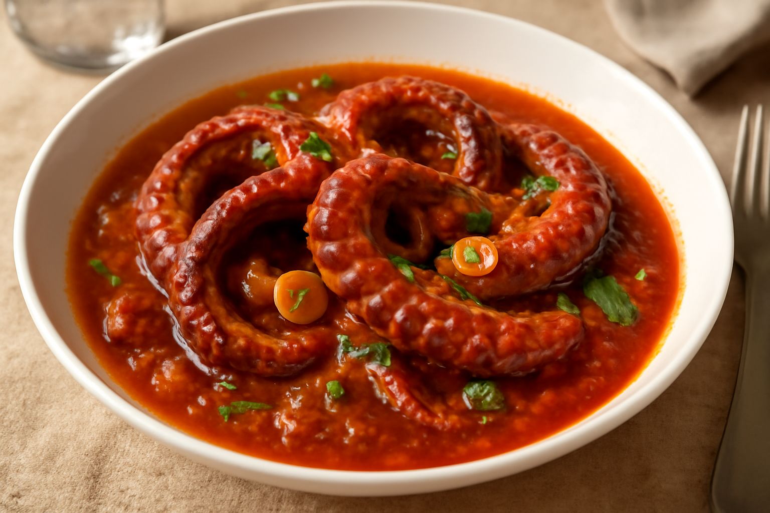 Polpo rosso scuro in umido con pomodori spezzati, aglio e prezzemolo fresco in un piatto bianco fondo, con il sugo denso intorno ai tentacoli ricurvi