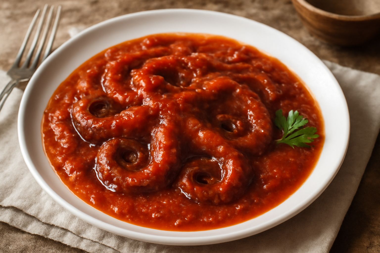 Piatto bianco con polpo stufato in sugo di pomodoro rosso scuro, guarnito di prezzemolo verde fresco, con tentacoli morbidi visibili nel brodo denso, contorno di pane toscano