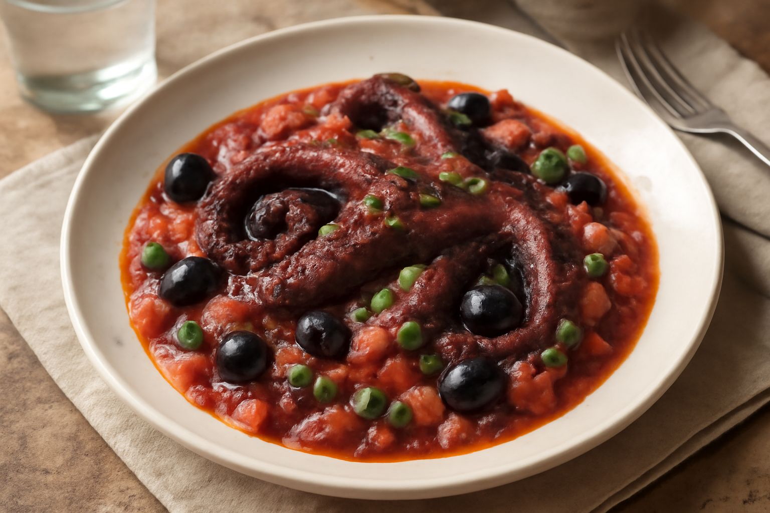 Un piatto fondo di ceramica bianca con polpo rosso scuro e morbido, circondato da pomodori rossi stufati, olive nere lucide e cipolla dorata, condito con prezzemolo fresco verde. Ospitalità marina sic