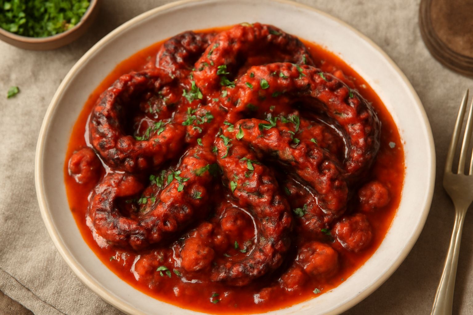 Polpo rosso scuro in umido su piatto bianco con salsa rossa di pomodori, prezzemolo verde spolverato, contornato da pezzi di patate bianche tenere, pepe nero visibile