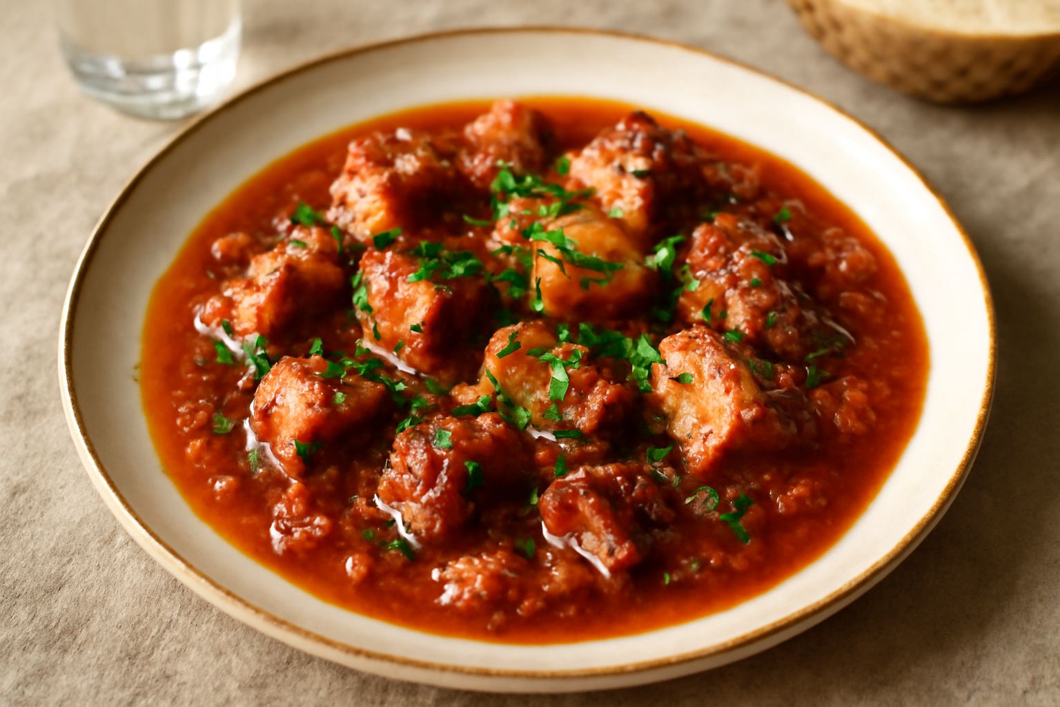 Polpo stufato color rosso ruggine con salsa di pomodoro, guarnito di prezzemolo verde, servito in un piatto di ceramica bianca con olio lucido in superficie