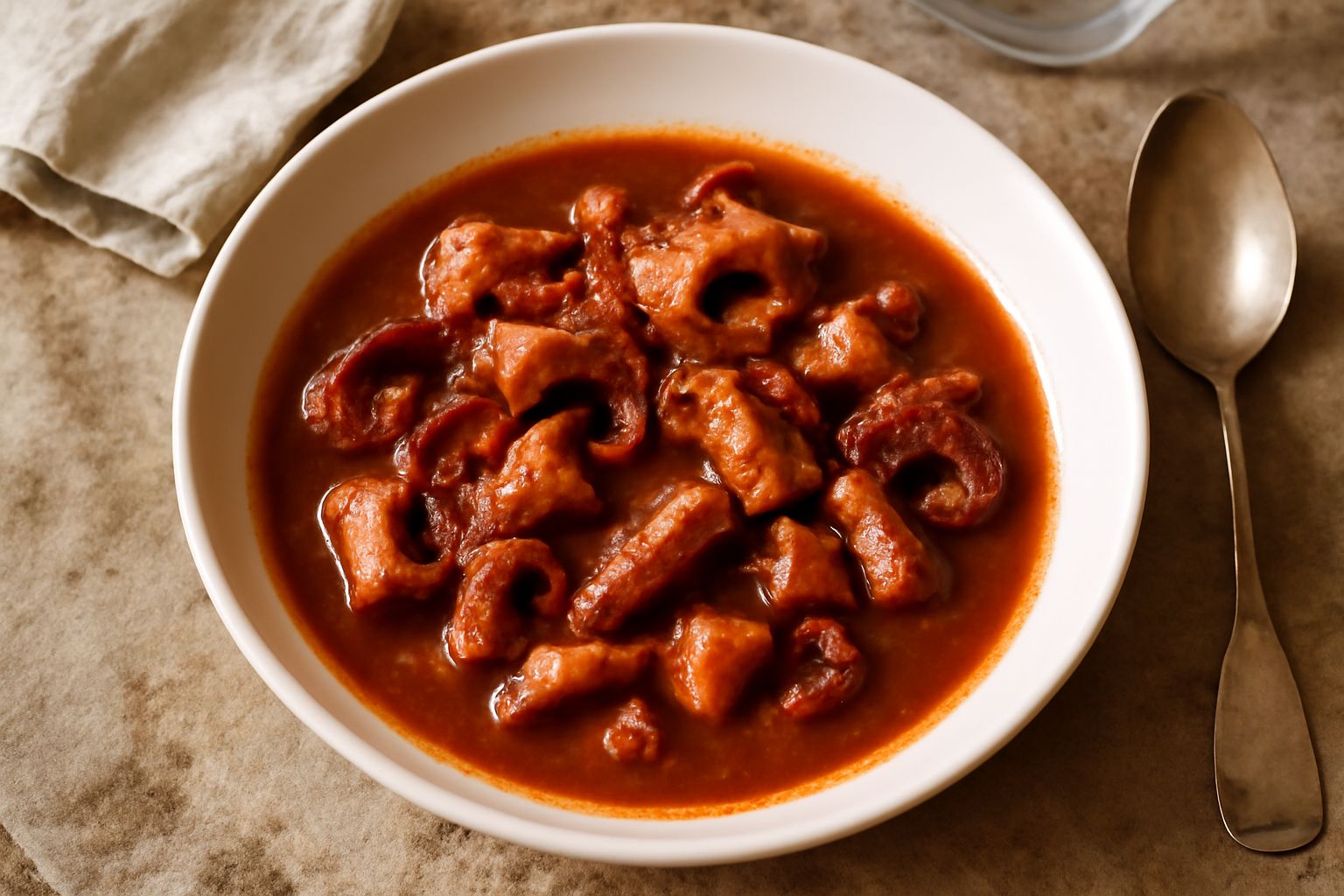 Polpo tagliato a pezzi in un piatto fondo di ceramica bianca, immerso in sugo rosso pomodoro e brodo, guarnito con prezzemolo fresco, sedano e cipolla soffritti sullo sfondo della pentola