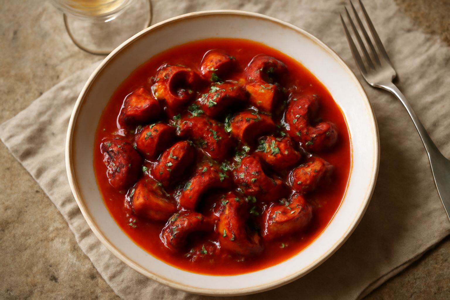 Polpo tagliato in pezzi di medie dimensioni, rosso scuro per la cottura, immerso in salsa di pomodoro rosso vivo, guarnito con prezzemolo verde fresco, servito in piatto bianco fondo con contorno di r