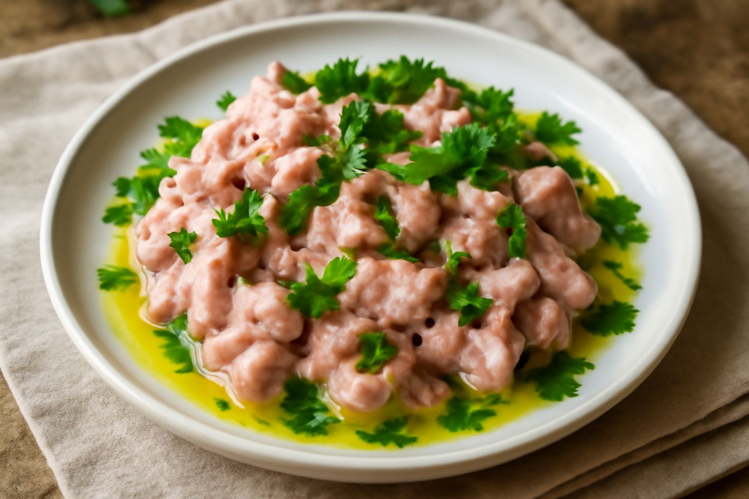 Polpo tenerissimo di colore rosa e bianco disposto nel piatto bianco con un filo di olio d'oliva verde, fette di limone fresco, prezzemolo verde spezzettato e tracce di peperoncino rosso, su un tavolo