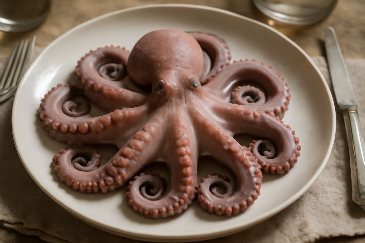 Polpo bollito intero servito nel piatto bianco, tentacoli arrotolati di colore rosa-grigio, cosparso di prezzemolo fresco verde, accompagnato da fette di limone giallo