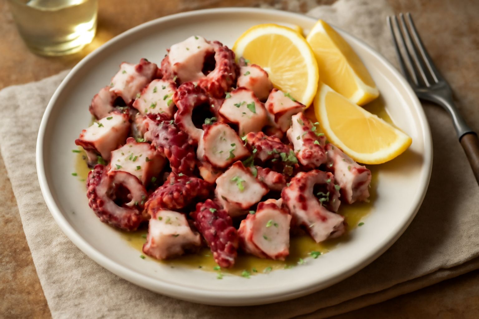 Polpo bollito di colore rosa e bianco su piatto bianco con fette di limone fresco, olio d'oliva e prezzemolo tritato