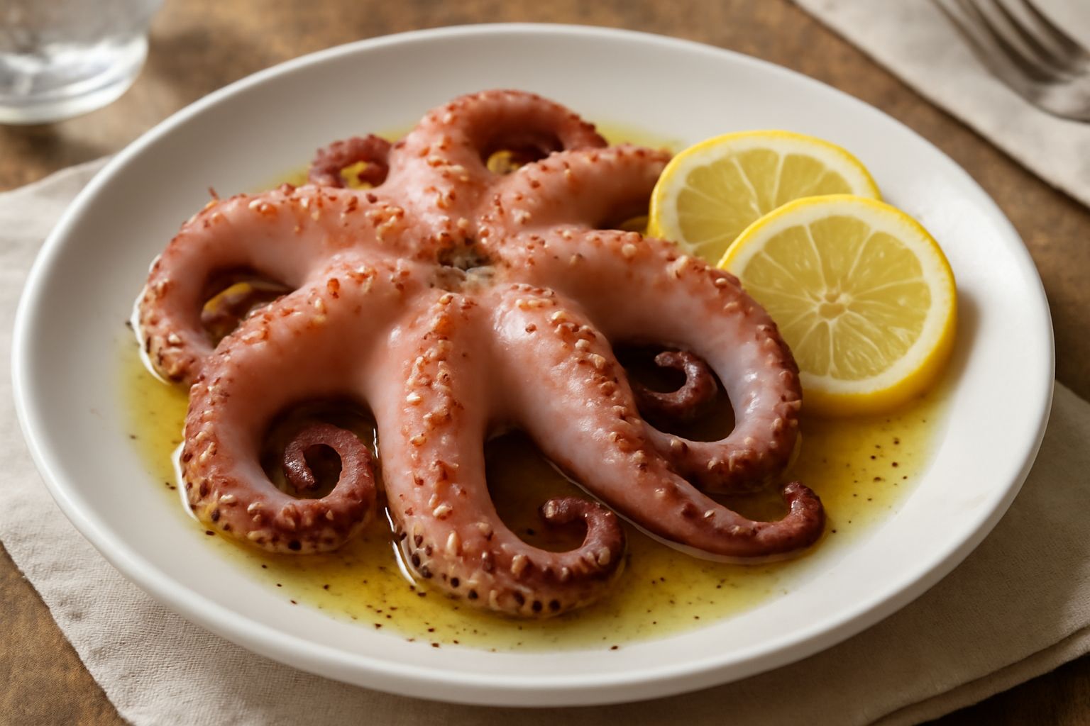 Polpo bollito tagliato a porzioni, disposto su un piatto bianco con tentacoli ricurvi e lucidi, condito con olio d'oliva verdastro e pepe nero macinato, fettine di limone sul bordo