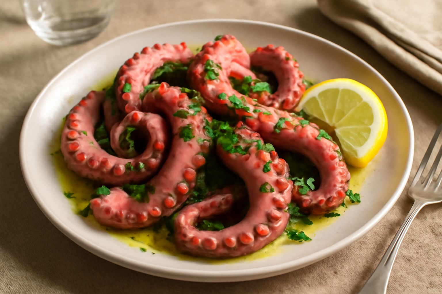 Polpo bollito rosato tagliato a pezzi disposto su piatto bianco, condito con olio d'oliva lucido e fettine di limone fresco, prezzemolo verde sparso in superficie