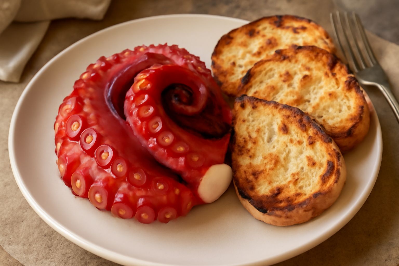 Polpo bollito intero disposto su un piatto bianco, rosso scuro e lucido, con tentacoli arrotolati, condito con gocce di olio verde e fette di limone giallo; accanto, pane tostato scuro ammucchiato nel