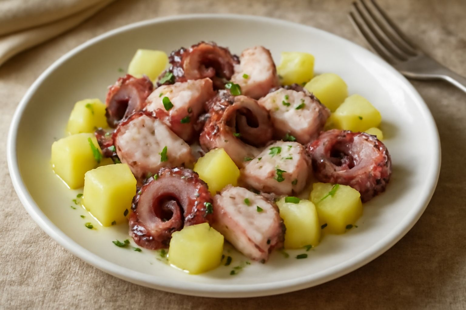 Polpo bollito in pezzo tagliato, con tentacoli ben cotti di colore rosa-grigio, disposto su un letto di patate gialle e morbide, in piatto bianco con contorno di sedano e prezzemolo fresco verde