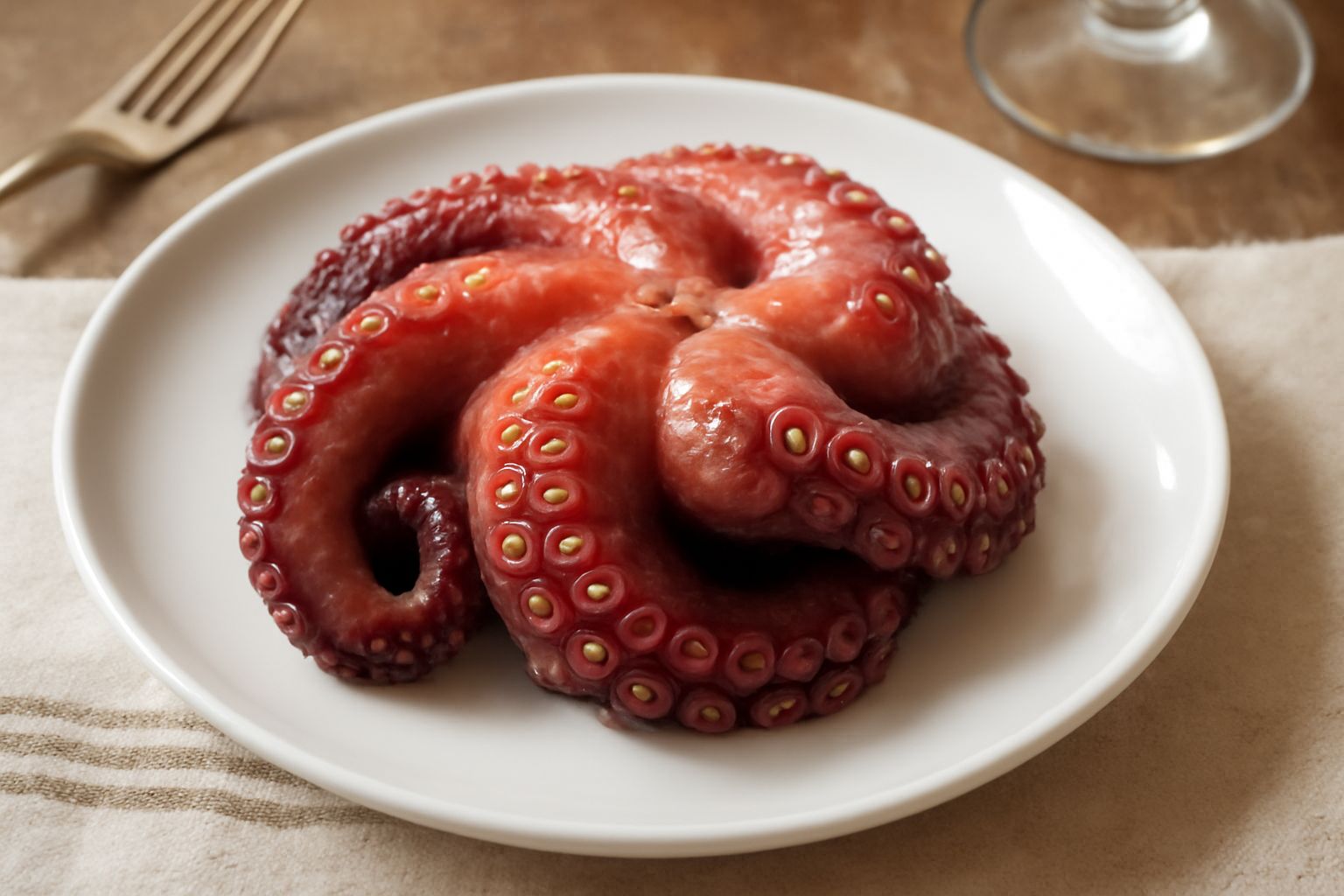 Polpo bollito intero rosso-violaceo su piatto bianco con tentacoli arrotolati, spruzzato di olio extravergine scuro, contorno di limone fresco tagliato a spicchi e prezzemolo verde
