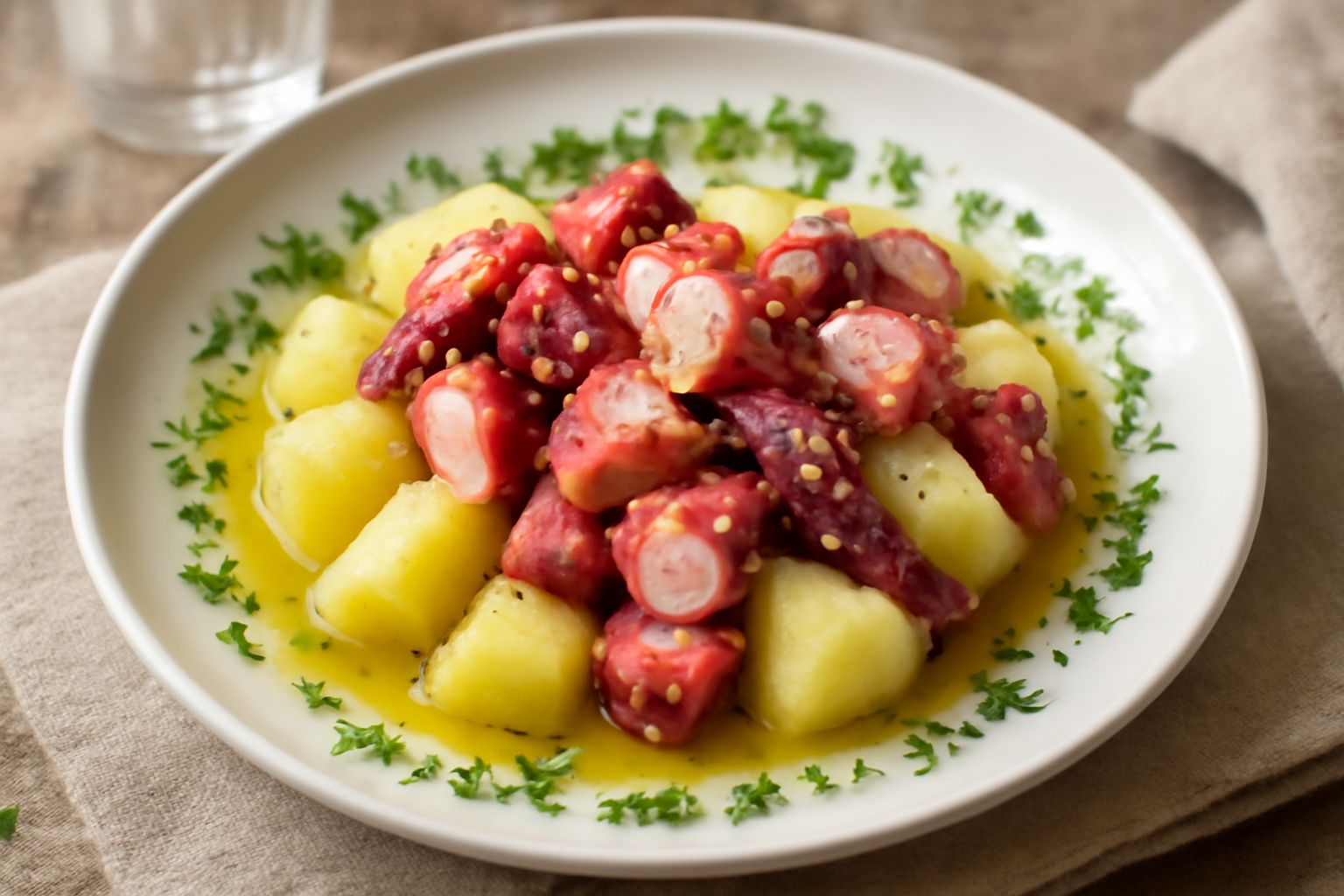 Piatto bianco con polpo cotto di colore rosato, tagliato a pezzi, accompagnato da patate gialle e tenere; olio d'oliva lucido in superficie, prezzemolo fresco verde e un filo di limone fresco.