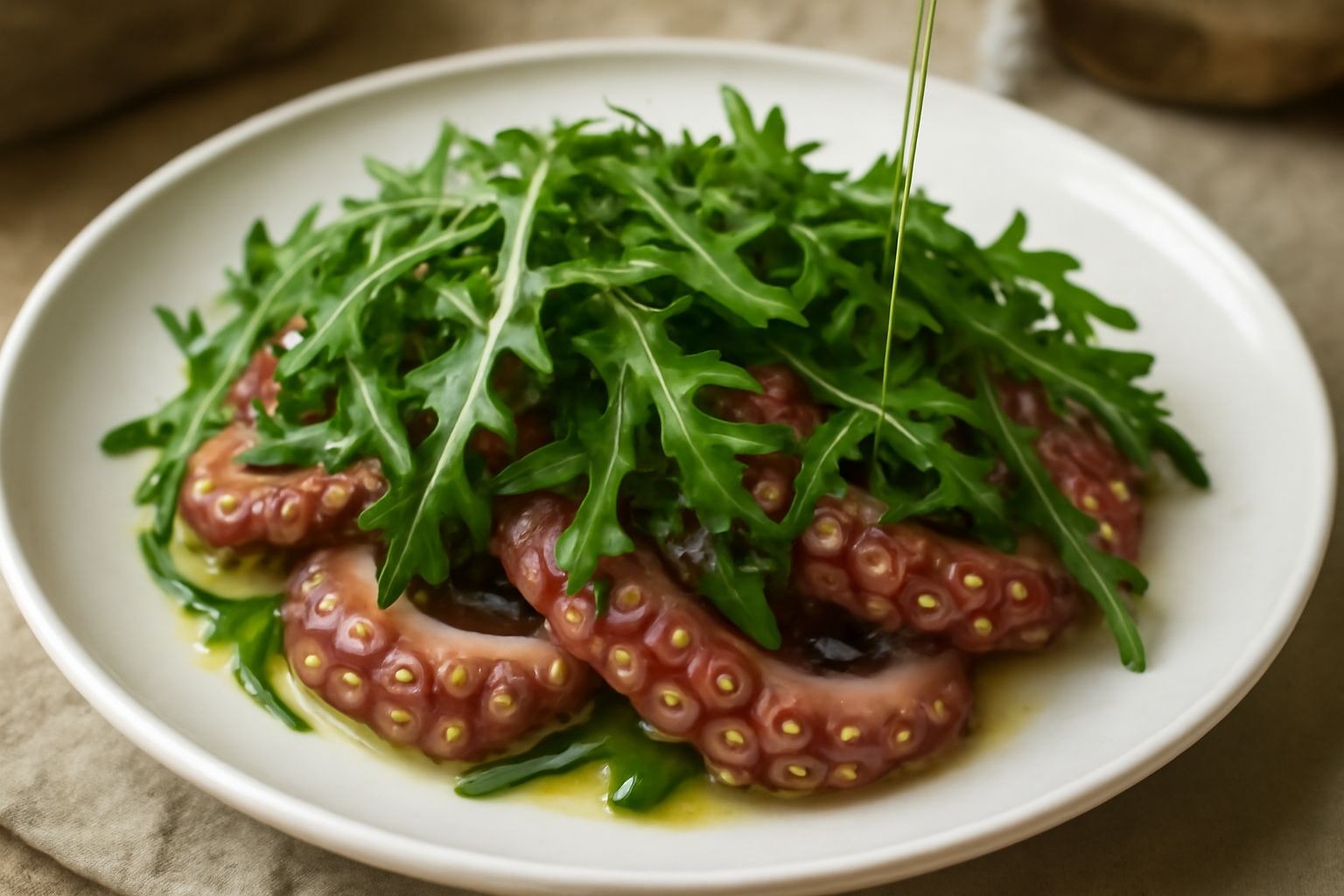 Polpo cotto a tentacoli rosati e ricci servito in bianco con foglie di rucola selvatica verde scuro, filo di olio extravergine e spicchi di limone giallo, su piatto di ceramica bianca