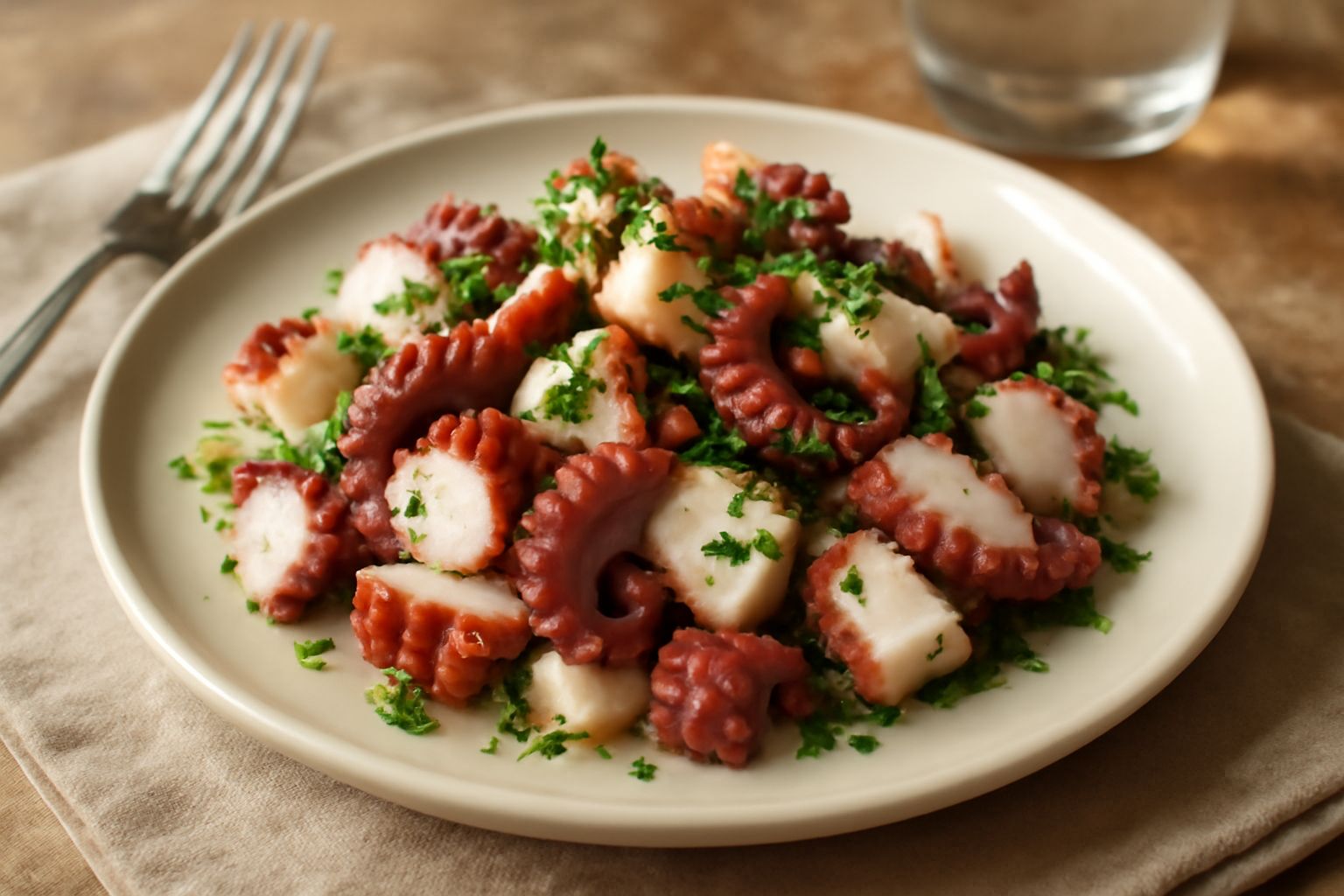 Polpo bollito a tocchi su un piatto bianco, ricoperto di prezzemolo fresco verde e un filo di olio dorato, con spicchi di aglio a lato e un limone tagliato