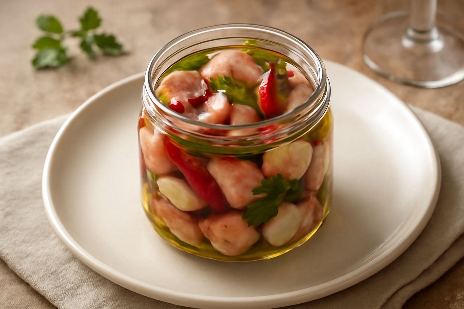 Vasetto di vetro con polpo tagliato in pezzi immerso in olio dorato, visibili spicchi di aglio, peperoncini rossi interi e rametti di prezzemolo, sfondo neutro con accanto un cucchiaio di legno