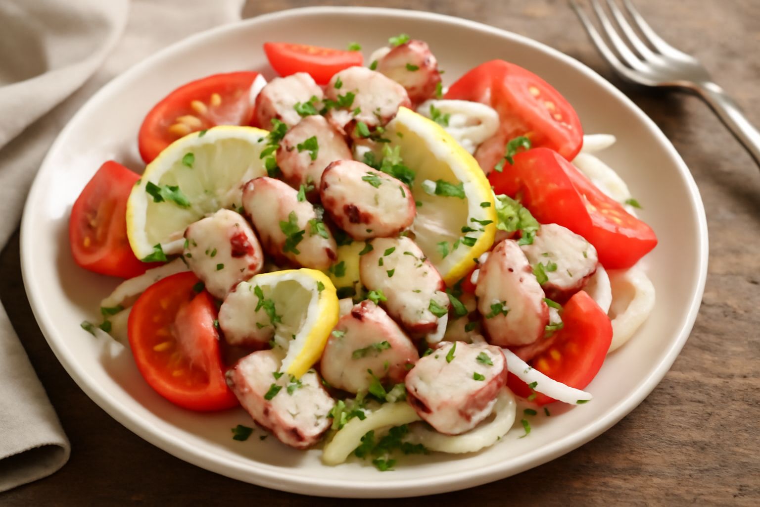 Polpo in insalata bianco e rosa con tentacoli tagliati a pezzi, prezzemolo verde, limone affettato, su fondo bianco e piatto di ceramica chiara