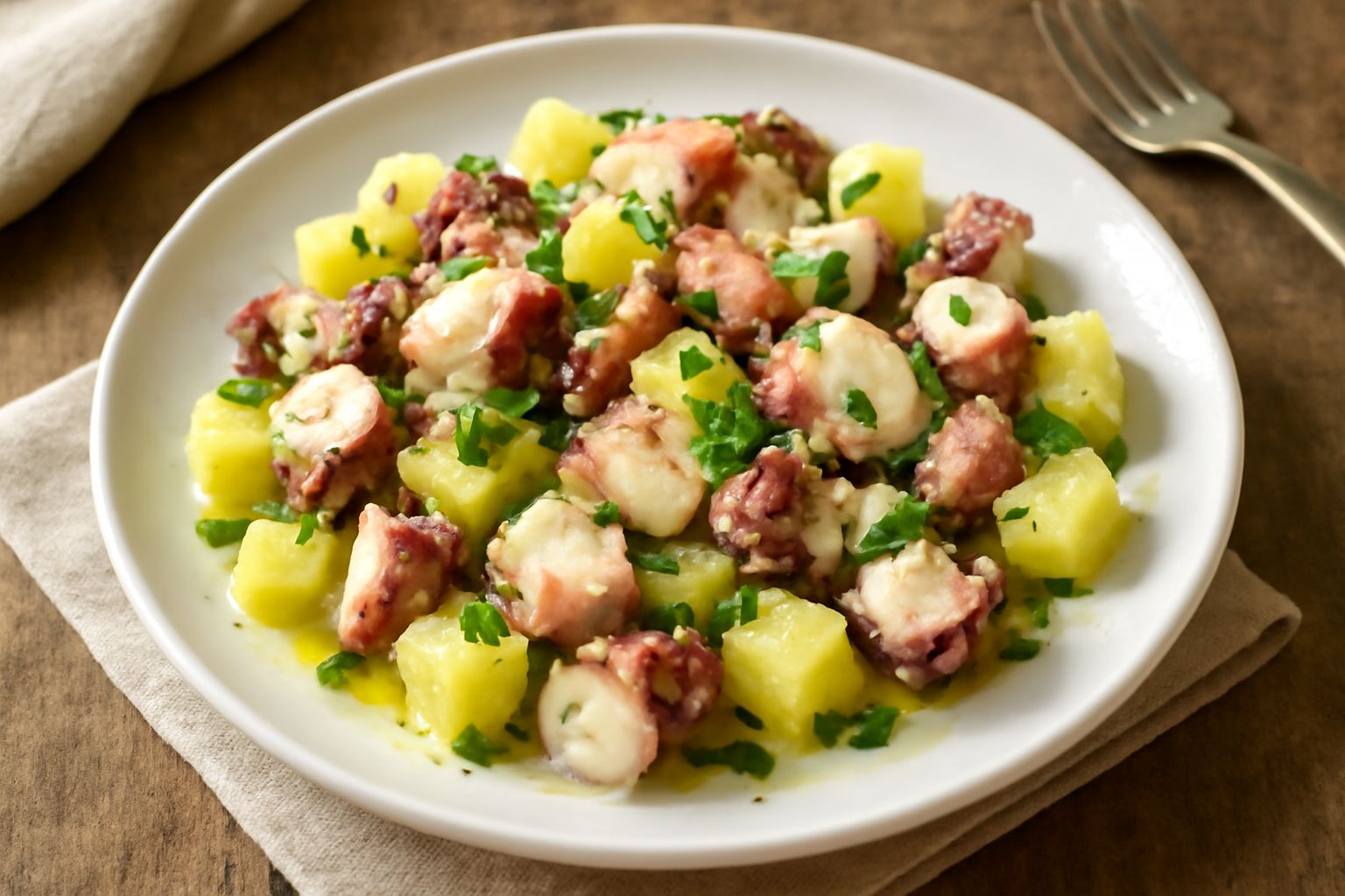 Insalata di polpo servita in un piatto bianco: tentacoli grigio-rosati tagliati a bocconi, patate gialle cubettate, prezzemolo verde, olio che luccica sotto la luce, fondo scuro di pietra ardesia