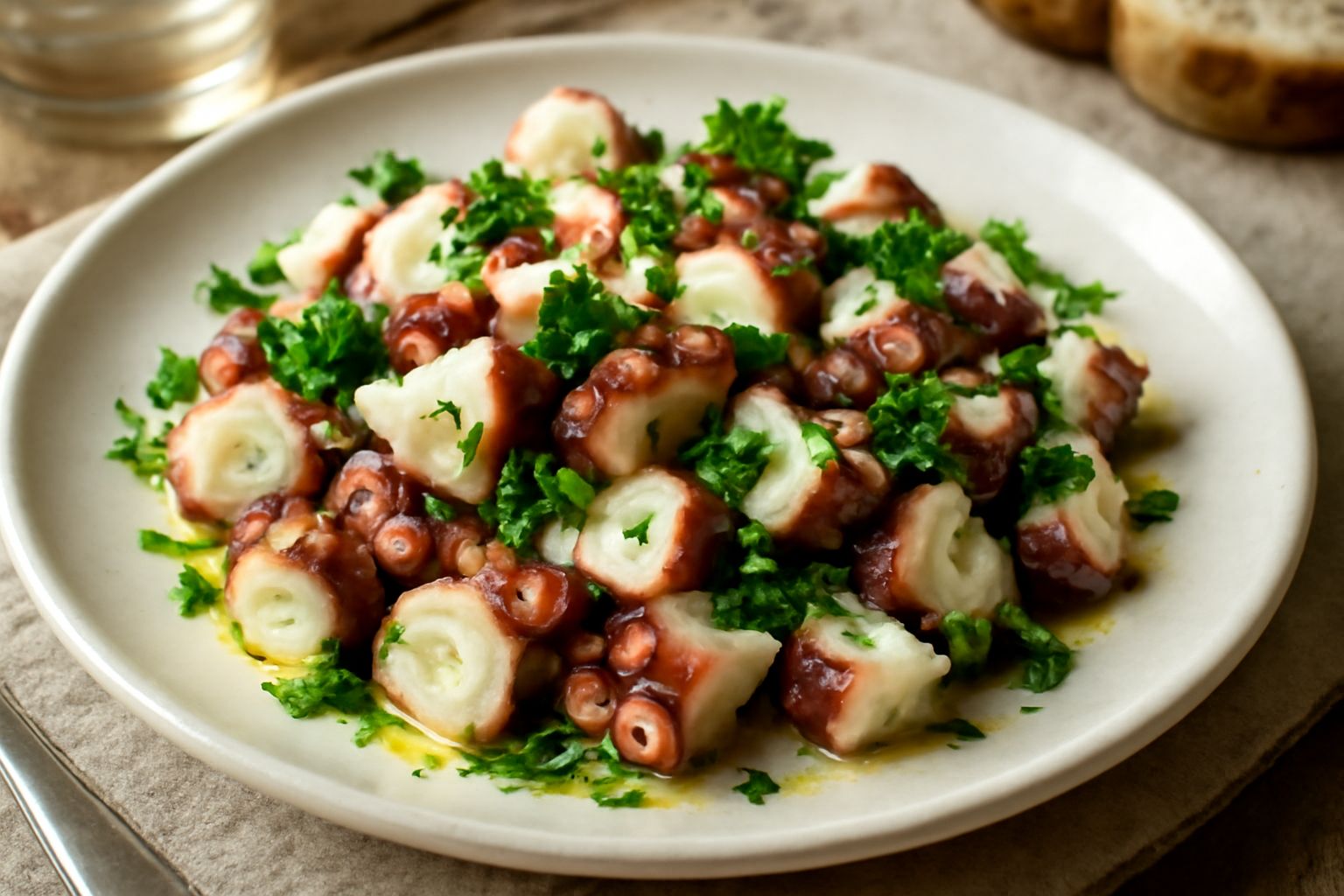 Insalata di polpo in piatto bianco: tentacoli di polpo color avorio tagliati a tocchetti, brillanti di olio verde, prezzemolo fresco verde, fette di limone giallo, aglio affettato, olive scure sparse 