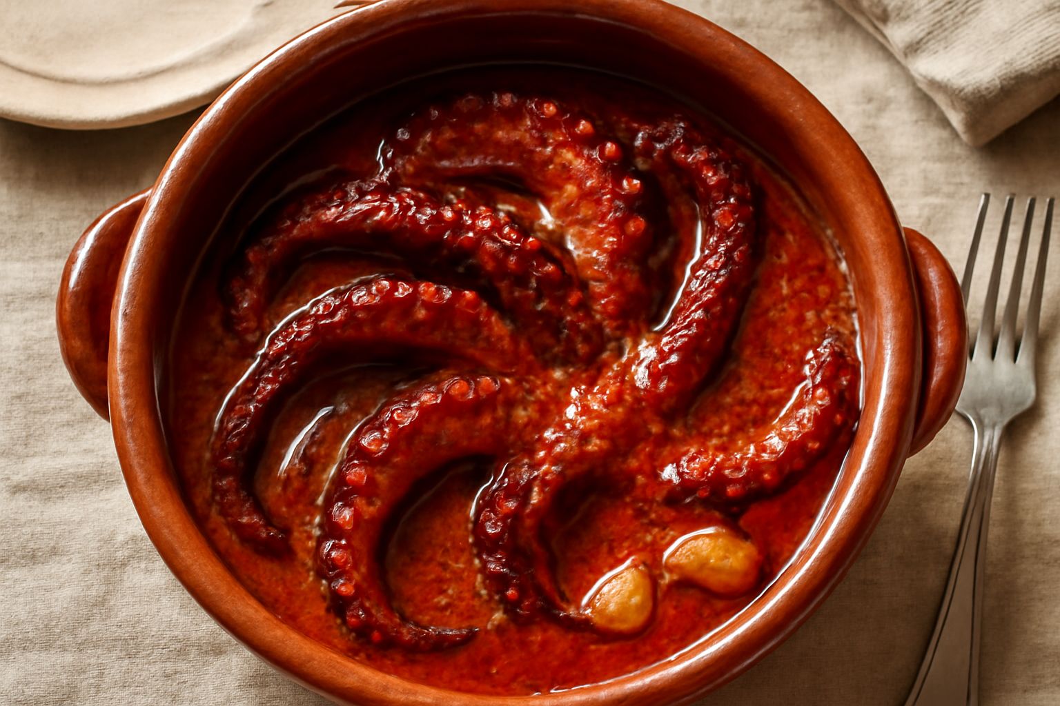 Polpo cotto in pignatta di terracotta, rosso scuro di pomodoro, tentacoli morbidi visibili, aglio e olio in superficie, piatto di ceramica bianca con contorno di pane tostato