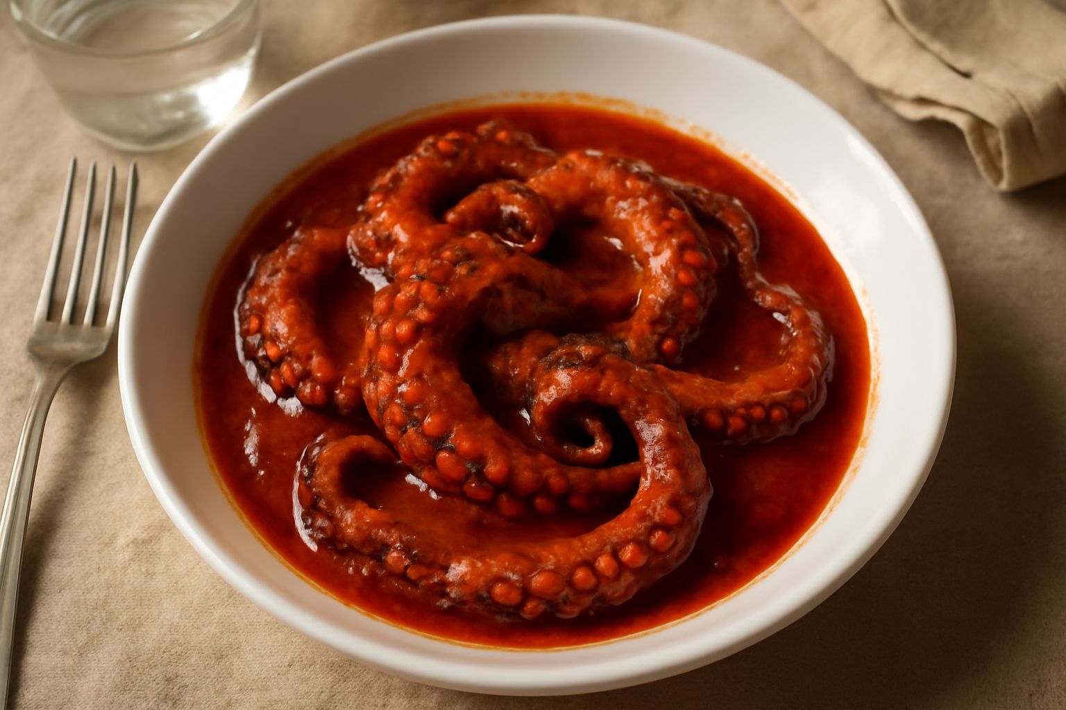 Polpo in umido in un piatto fondo bianco con sugo rosso di pomodoro, tentacoli arrotolati e ben cotti, decorato con prezzemolo fresco, su una tavola di legno scuro.