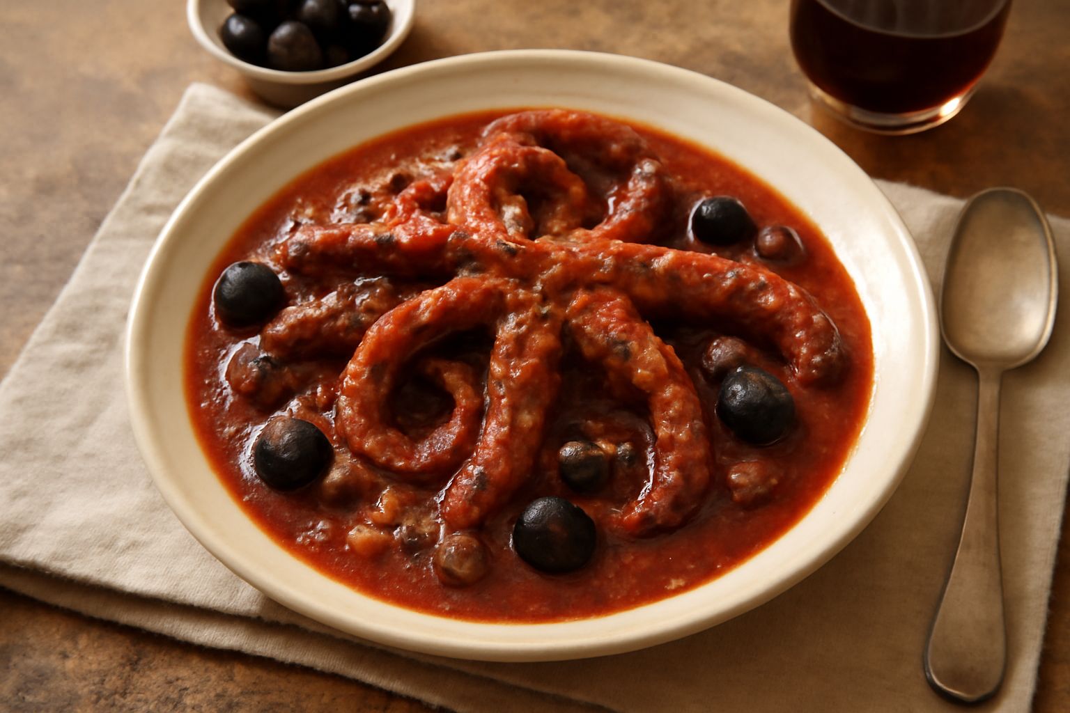 Polpo in umido in un piatto bianco, tentacoli rosso scuro immersi in salsa di pomodoro, con olive nere, prezzemolo fresco e fette di pane tostato accanto