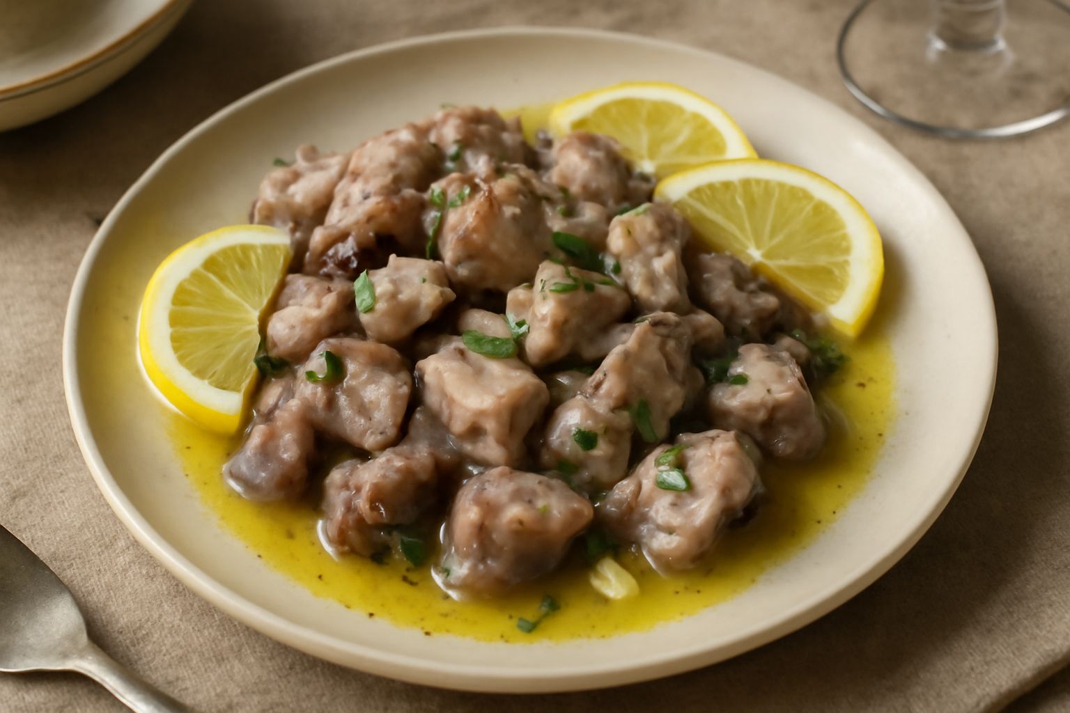 Polpo cotto tagliato in pezzi, di colore grigio rosato, disposto in un piatto bianco con fette di limone giallo, gocce di olio d'oliva verde e prezzemolo fresco tritato