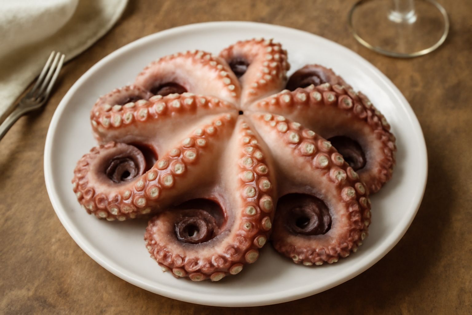 Polpo lessato intero color grigio-rosa disposto su piatto bianco con prezzemolo fresco, limone affettato e olio d'oliva, ancora fumante da pochi minuti di cottura