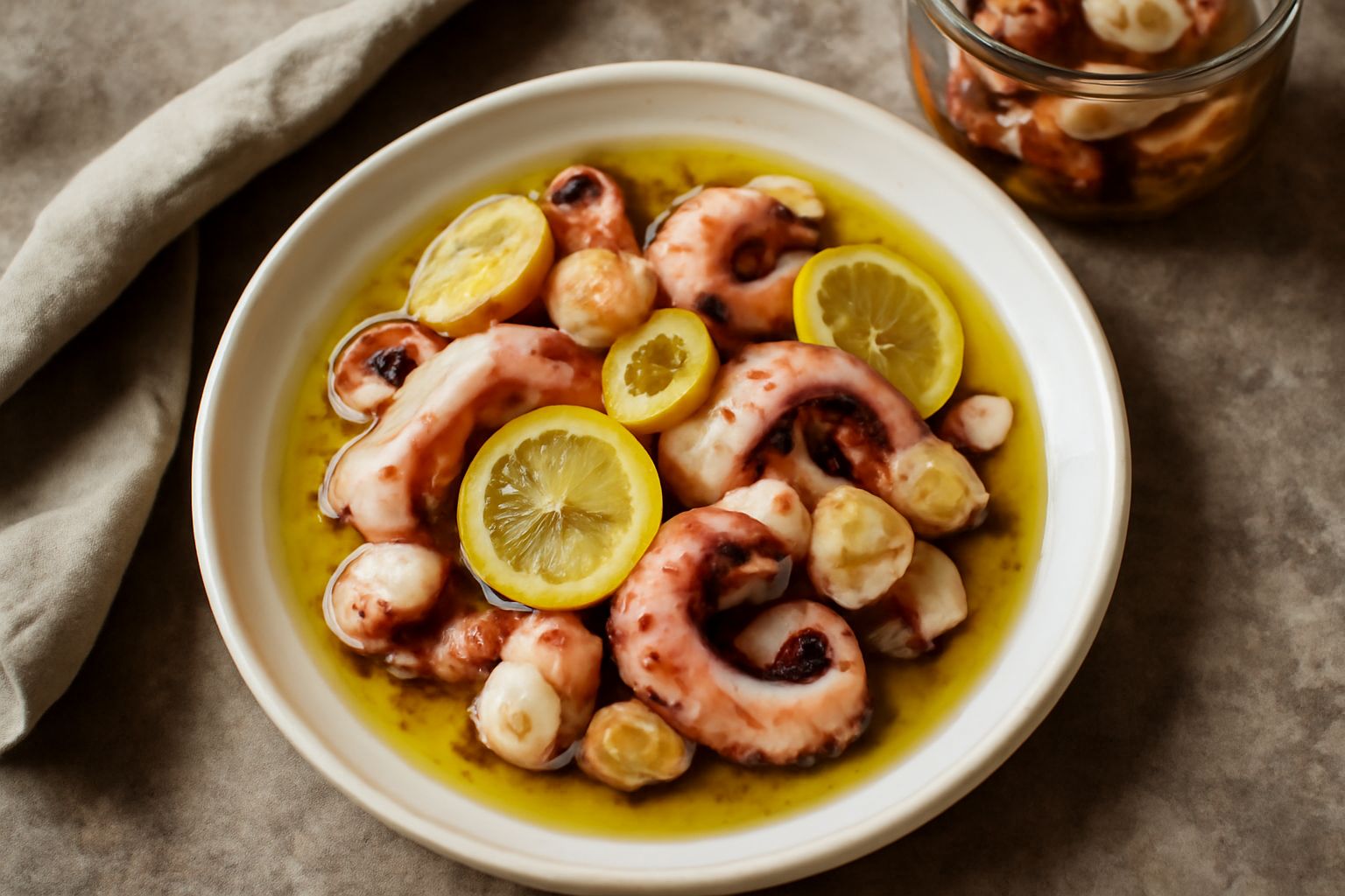 Polpo bianco e rosa cotto a pezzi in vasetto di vetro, coperto d'olio trasparente, aglio bianco e peperoncino rosso visibili, su sfondo neutro
