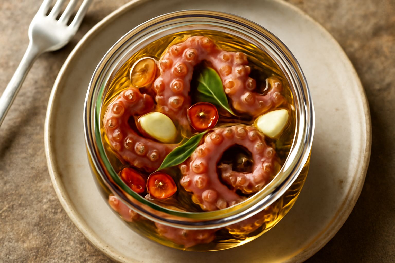 Vasetto di vetro con polpo sott'olio rosato, tentacoli visibili nell'olio trasparente, garnito con aglio e peperoncino rosso, su sfondo di marmo bianco