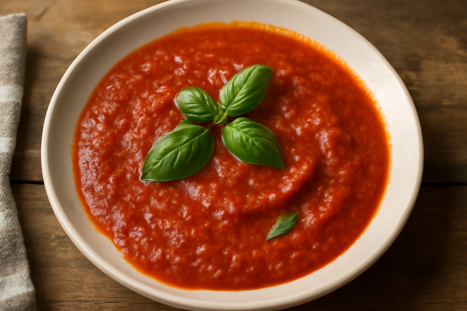Salsa pomarola rossa e densa versata su un piatto bianco accanto a una forcella, con piccole foglie di basilico fresco verde poste sopra, sfondo di cucina calda e naturale
