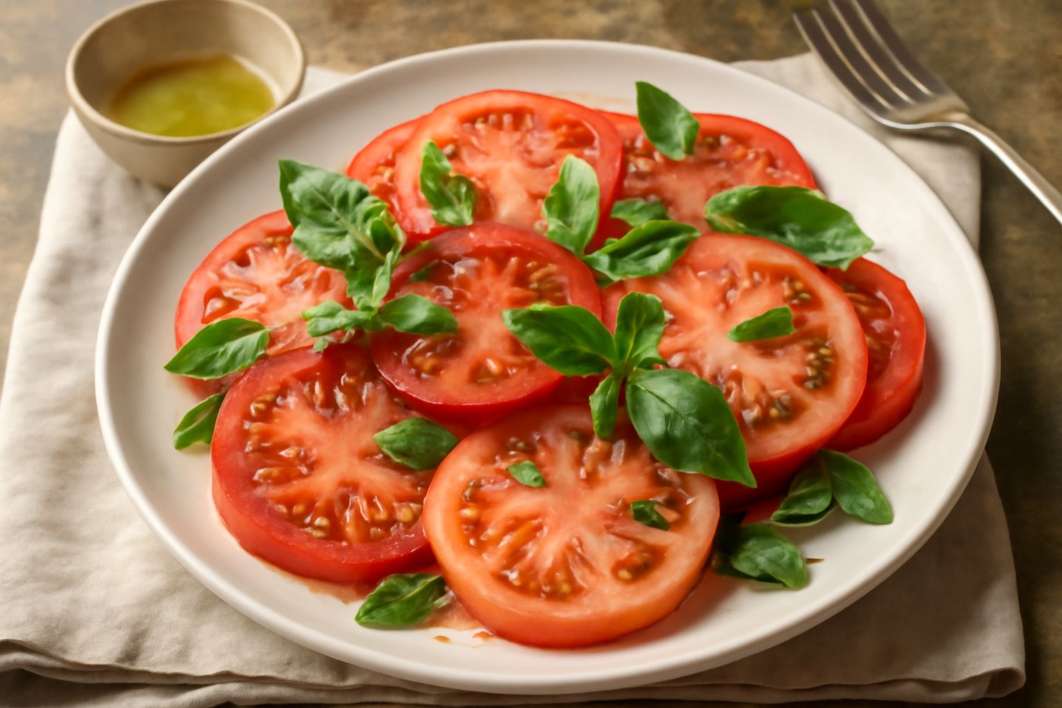 Piatto bianco con fette di pomodori rossi e rosa alternati, basilico fresco verde, gocce di olio d'oliva, semi di sesamo bianchi, cipolla rossa sottile, sale grosso visibile sulla superficie