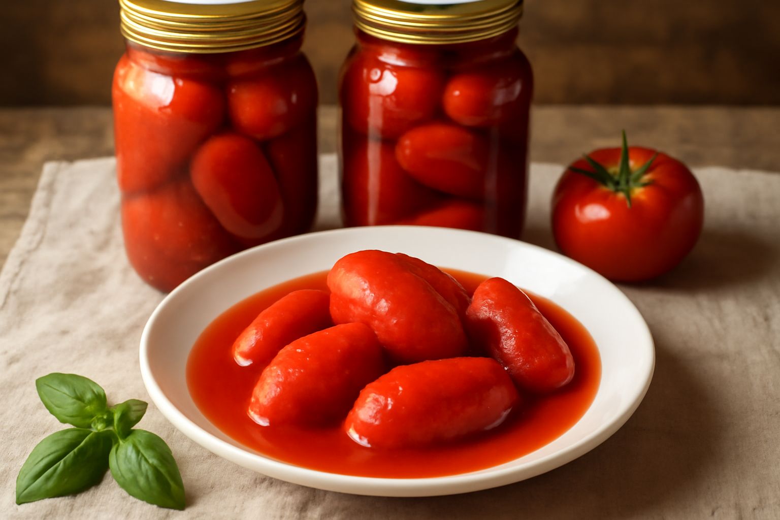 Barattoli di vetro trasparenti pieni di pomodori pelati rossi brillanti, disposti su un piano di legno, con pomodori freschi crudi e un coltello smerlato accanto