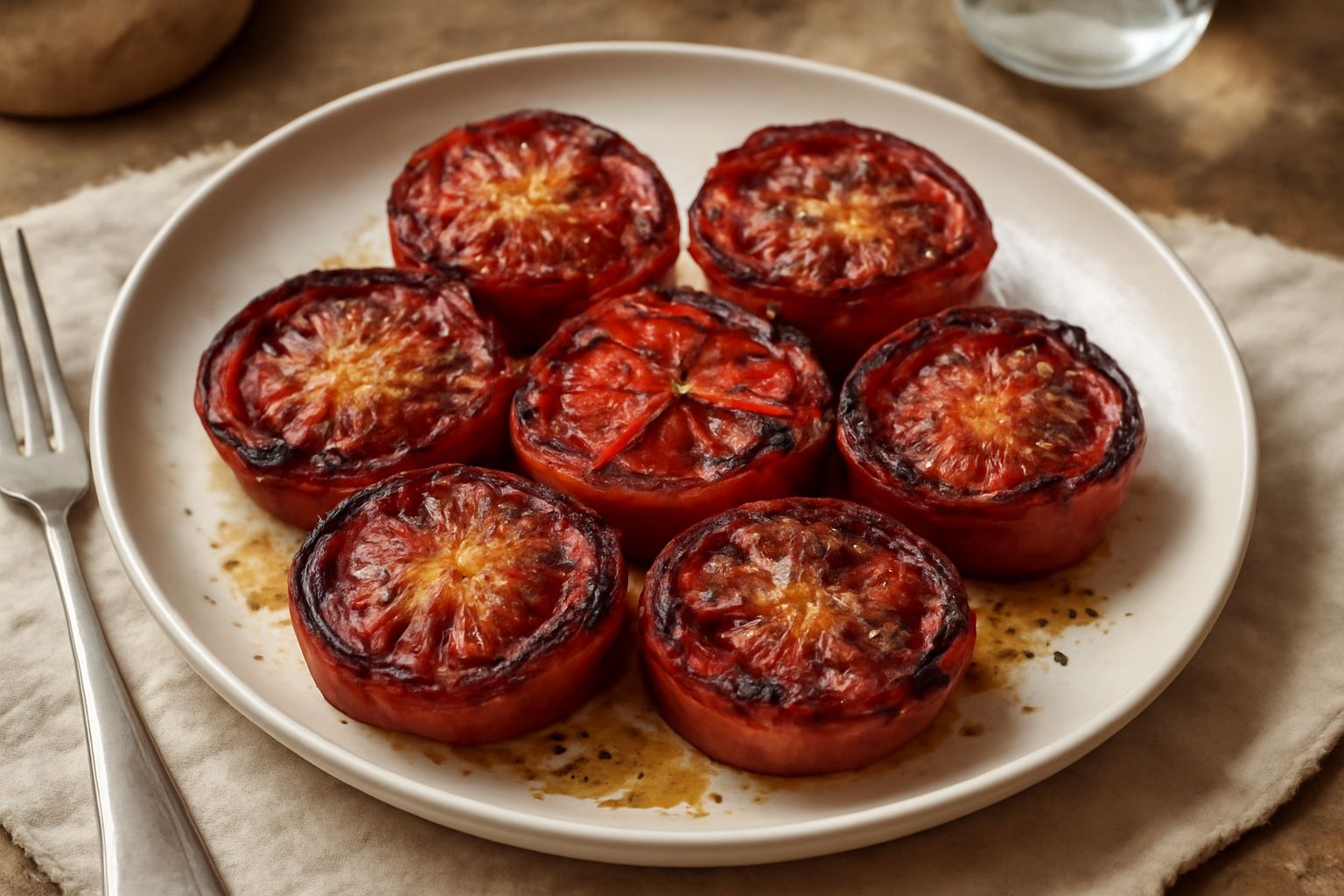Pomodori ramati tagliati a metà, disposti in teglia con la polpa verso l'alto, conditi con aglio, origano e filo d'olio d'oliva. Bordi leggermente dorati e anneriti dopo la cottura. Piatto finito in u