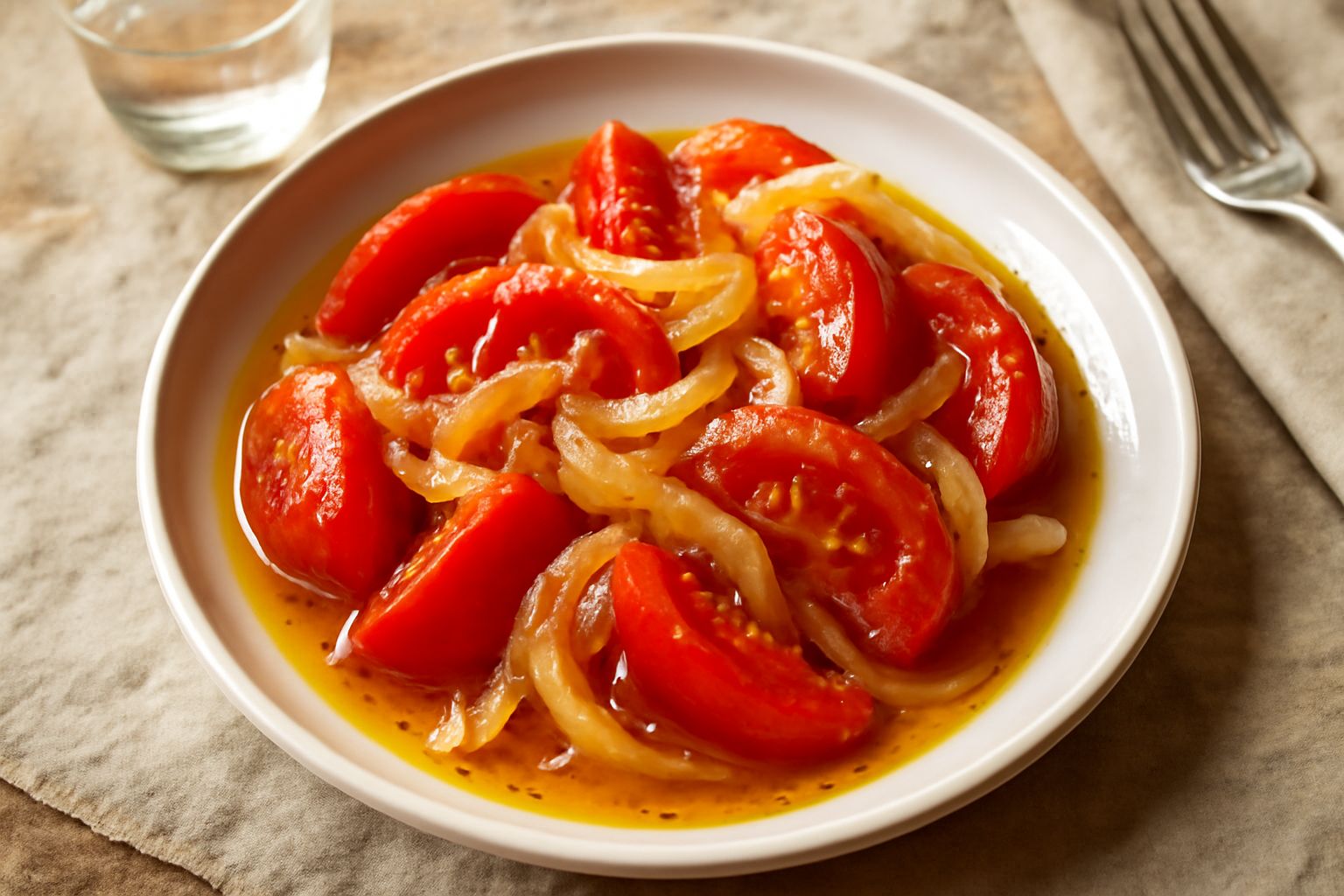 Pomodori rossi tagliati a spicchi e cipolla bionda cotta in padella di ferro, olio d'oliva brillante, prezzemolo fresco tritato, serviti in piatto bianco