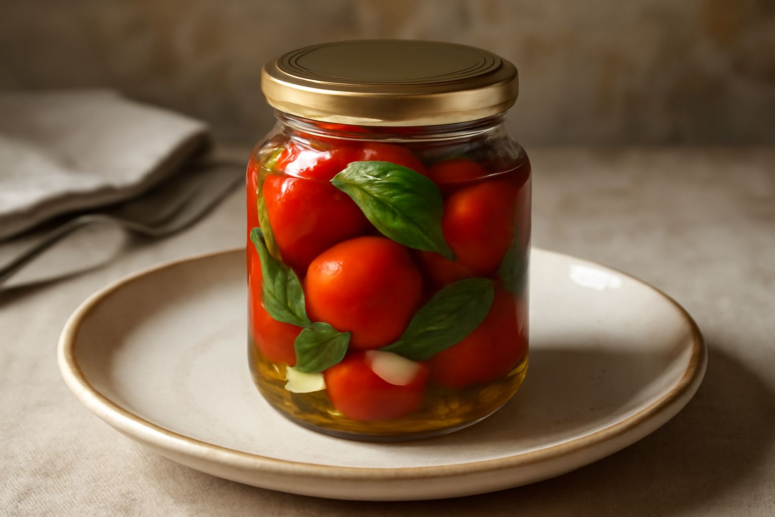 Barattolo di vetro trasparente pieno di pomodori rossi interi sommersi in olio trasparente con foglie di basilico verde, tappo ermetico di metallo, su sfondo bianco