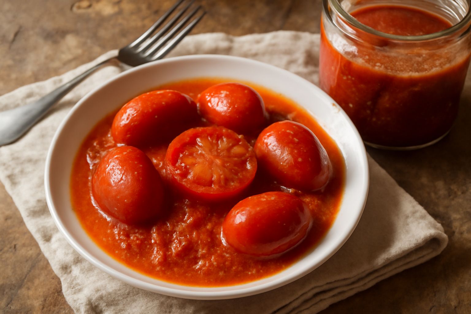 Barattolo di vetro con pomodori rossi interi immersi in salsa densa e sale grosso, ben distribuito tra i frutti, etichetta beige, sfondo neutro