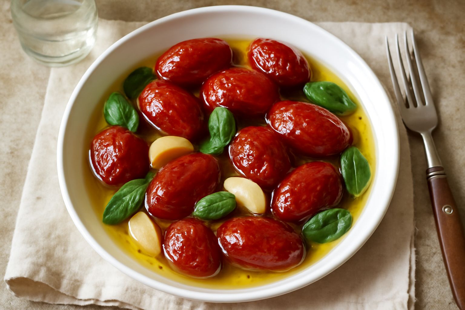 Vasetto di vetro trasparente con pomodori ciliegia rossi brillanti immersi in olio dorato, spicchi di aglio e foglie di basilico fresco visibili tra i frutti, su un piano di marmo bianco