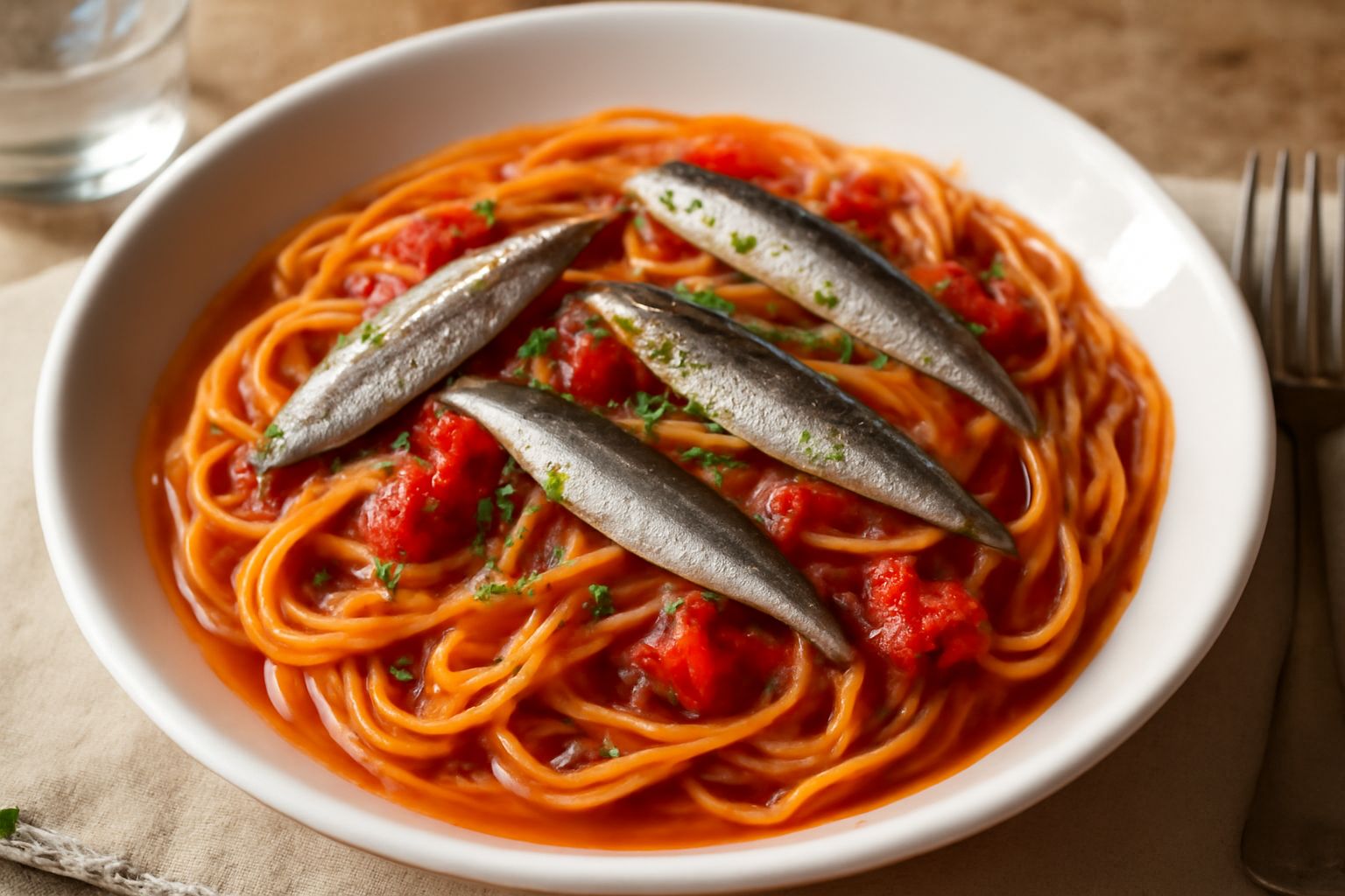 Piatto di pasta spaghetti con salsa rossa brillante di pomodoro, filetti di acciuga argentei visibili in superficie, prezzemolo verde e filo d olio extravergine. Piatto bianco, sfondo scuro.