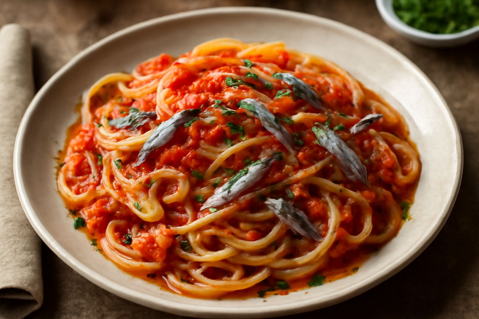 Piatto di pasta con sugo rosso di pomodori, alici argentate visibili in superficie, guarnito con prezzemolo fresco tritato, aglio dorato, servito in piatto bianco con filo di olio extravergine