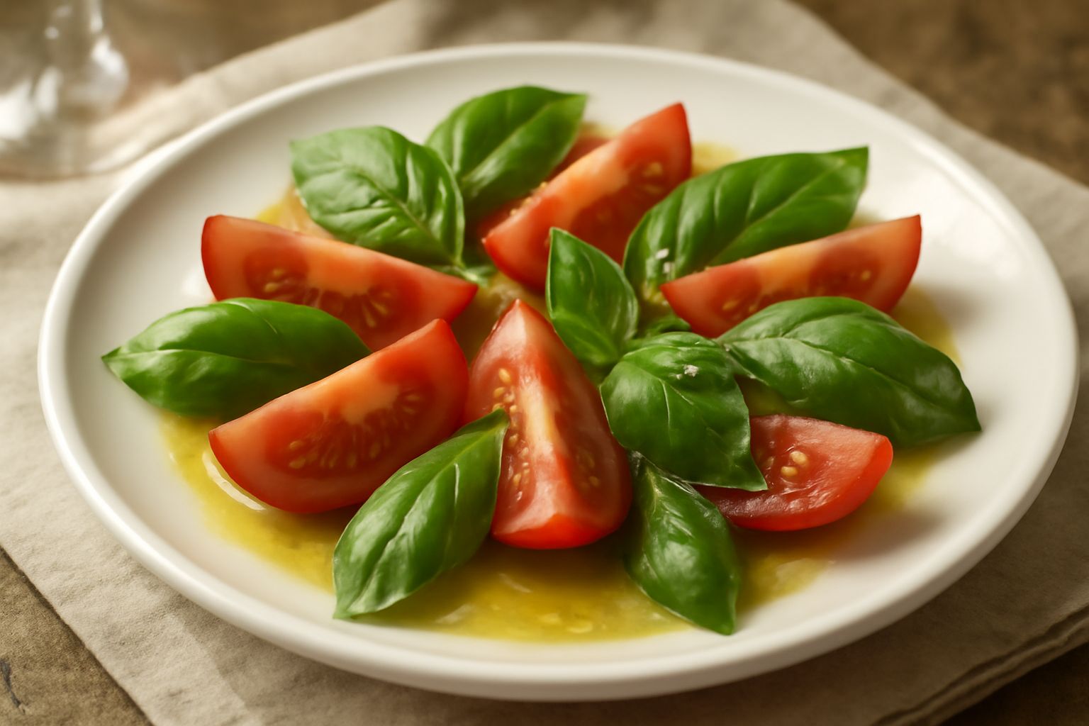 Insalata di pomodori rossi maturi tagliati a spicchi, foglie di basilico verde brillante sparse in un piatto bianco, con gocce di olio extravergine dorato e cristalli di sale grosso visibili sulla sup